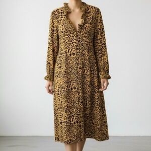 En Saison Cheetah Print Ruffle Collar Midi Dress Mustard Yellow size Lage